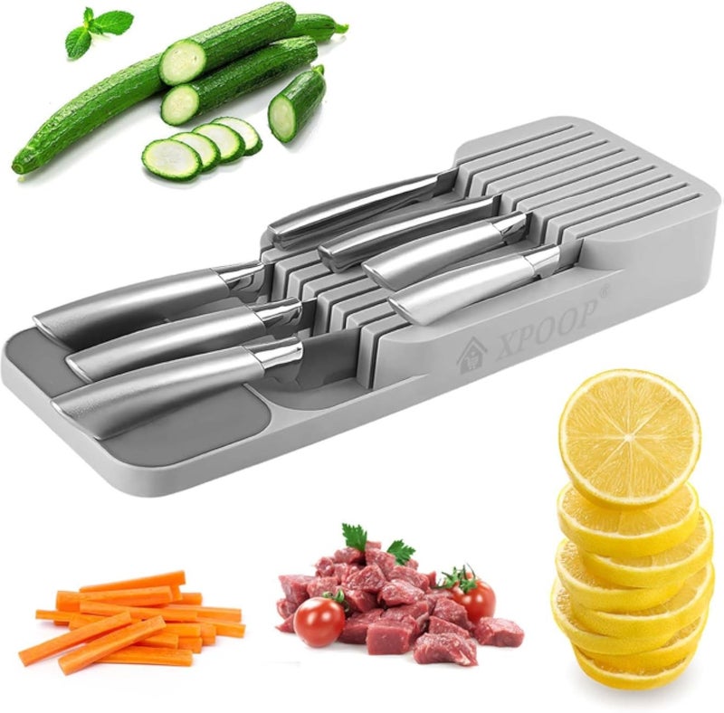 Knife Block Tray, Detachable Horizontal Knife Block, Two Stage Knife Organizer with Slots, Double Layer Knife Holder, for Most Standard Kitchen Drawers, Grey